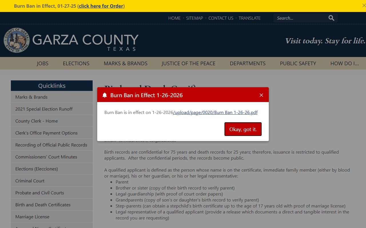 Garza County clerk certificates and civil records