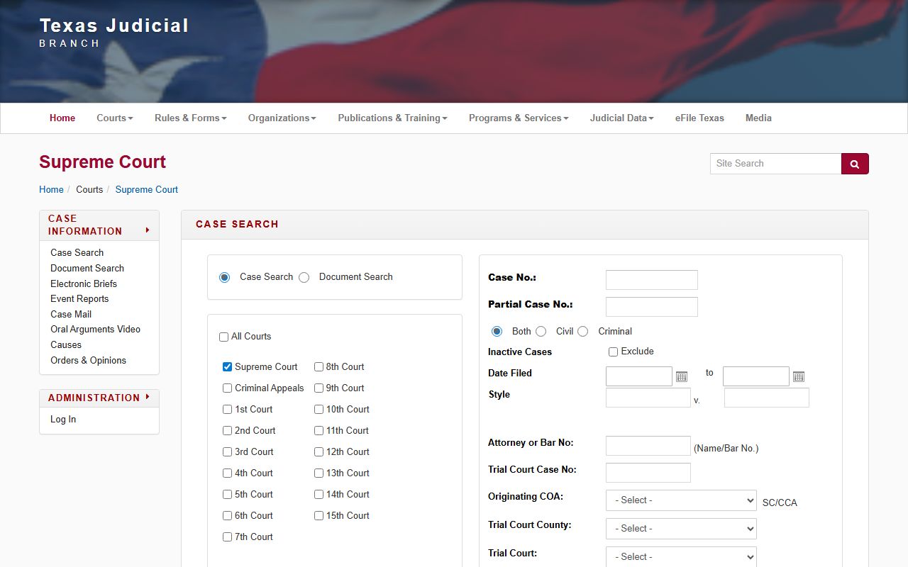 Texas Supreme Court civil case search portal